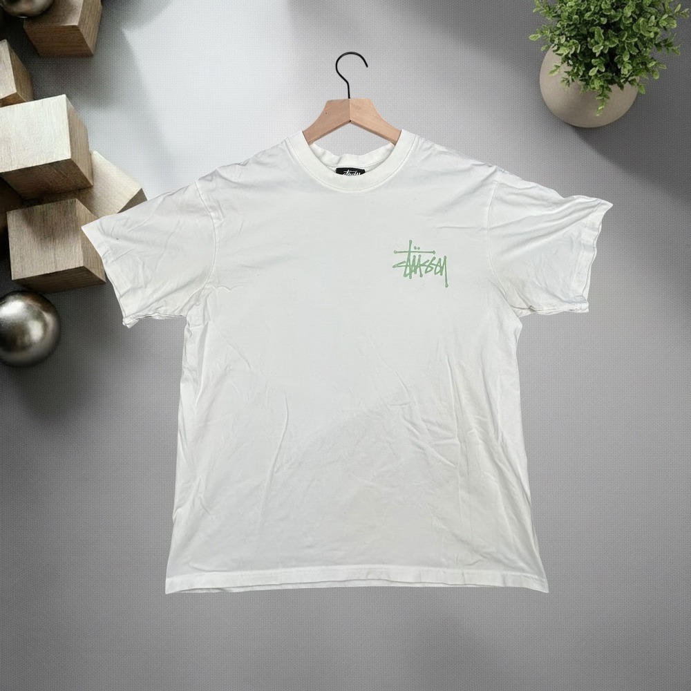 Stussy Graphic T-Shirt White Green Logo Mens Medium Y2K Skater Streetwear Tee